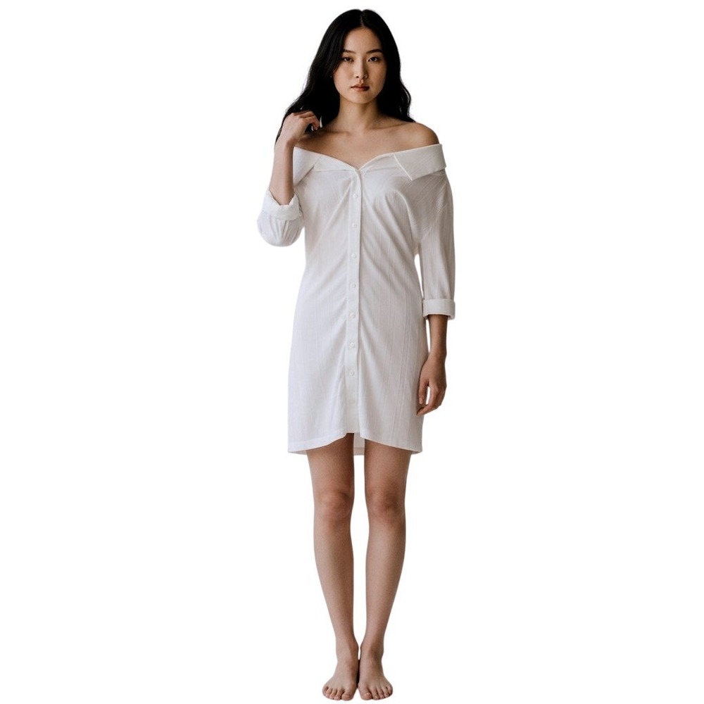 Jacquemus White Off-Shoulder Knit Shirt Dress Size 10 NWT Button Front